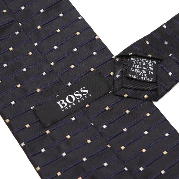 Hugo Boss 100% Silk Tie Dotted Necktie Classic Black Navy Cream Evening Designer - Picture 3 of 6